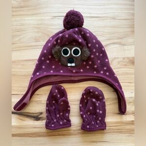 Toddler Burgundy Groundhog Pom-Pom Winter Hat and Mittens Set